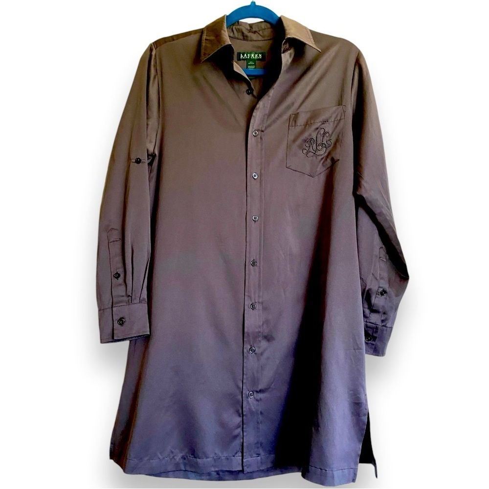 Lauren Ralph Satin Sleep Shirt Luxe Monogram Long Sleeve Quiet luxury PJs Cozy